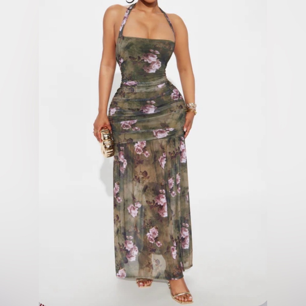 Fashion Nova / Harmony Halter Mesh Maxi Dress / Olive Floral